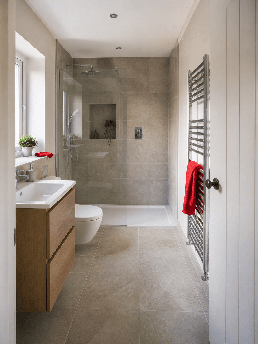 Newly fitted family bathroom with large format tiling and a thermostatic shower