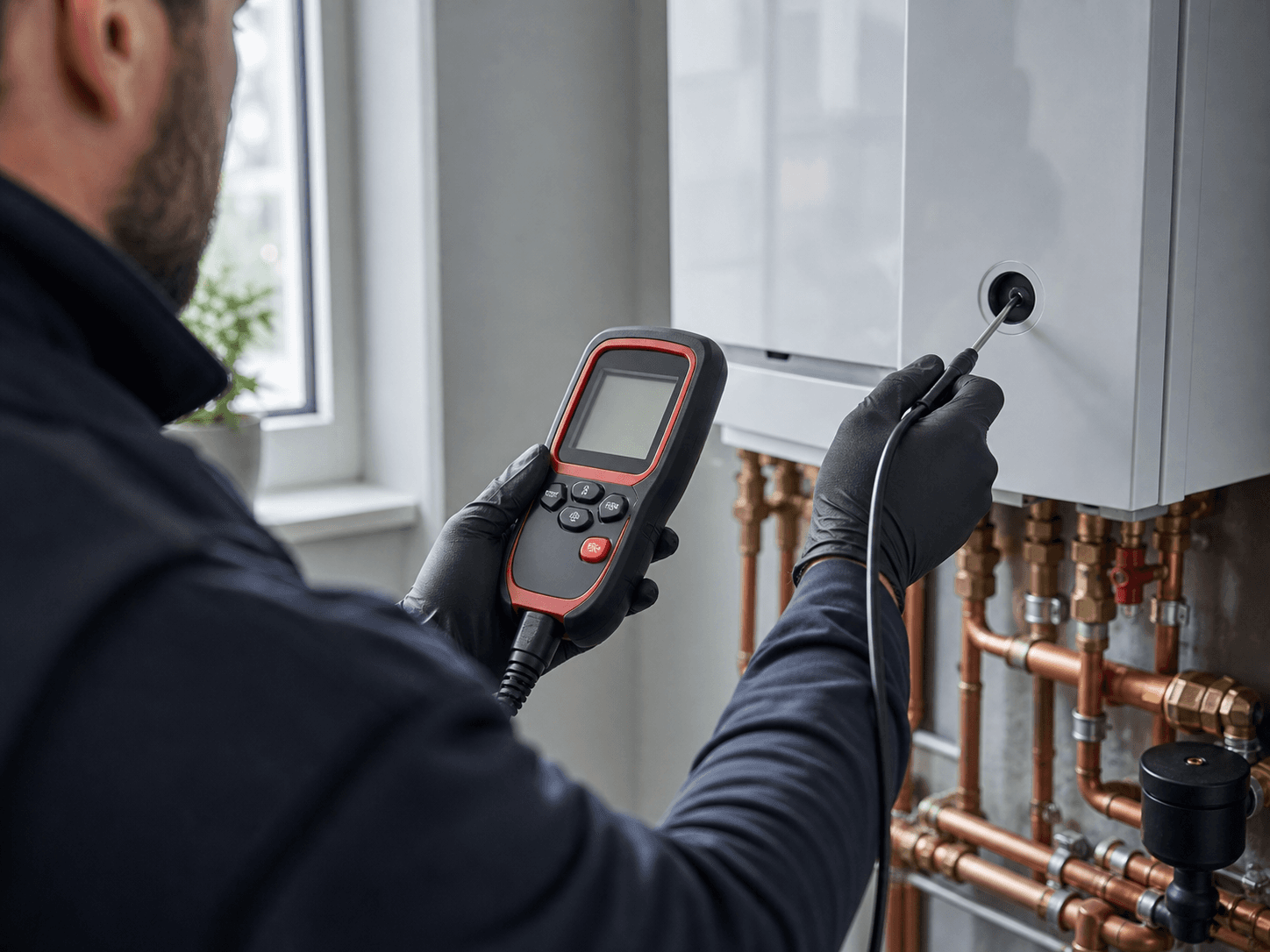 Gas Safe engineer carrying out a flue gas analysis on a domestic boiler