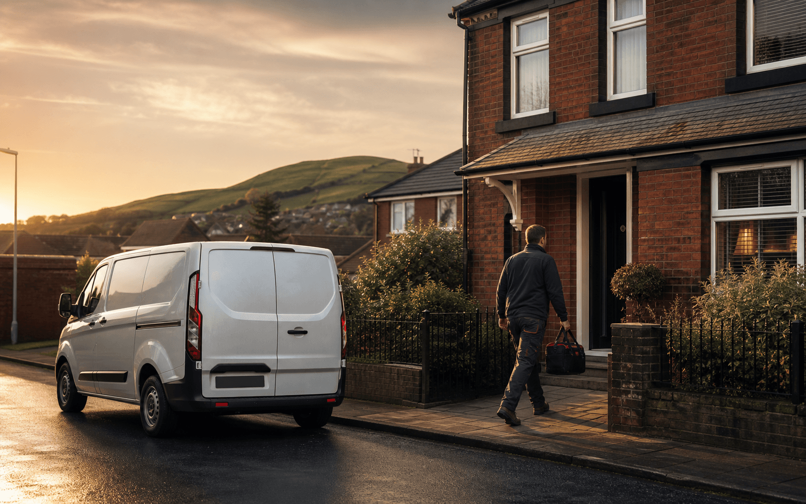 Scarlet Heating & Plumbing branded service van outside a home in Llanelli