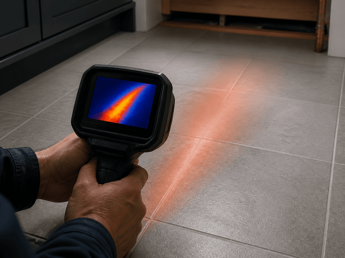 Thermal imaging camera locating a hidden heating pipe leak beneath a floor